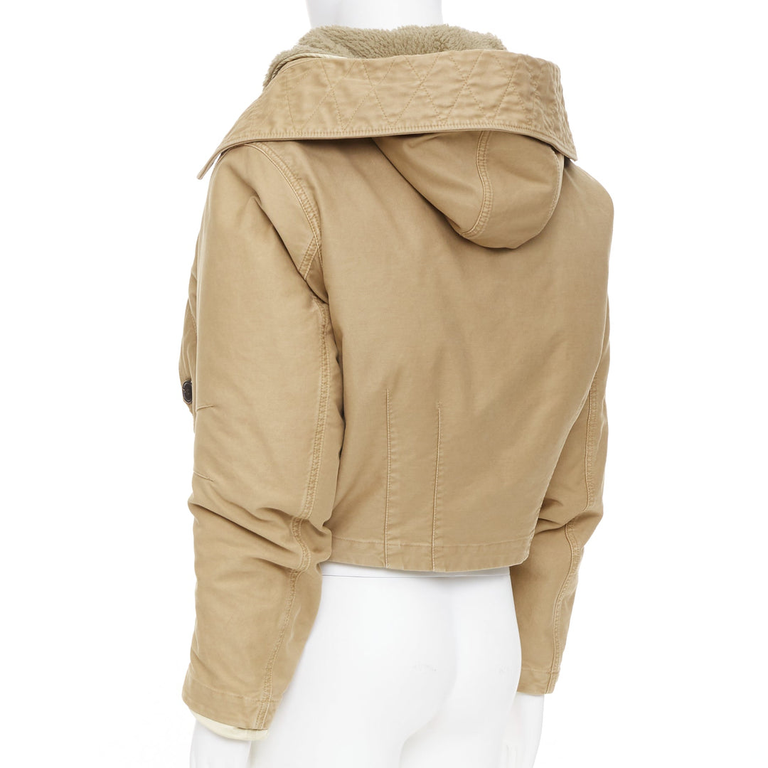 PRADA 2023 Runway shearling trim canvas hooded cropped bomber jacket IT48 M