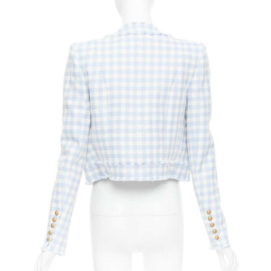 BALMAIN light blue white plaid tweed trim 4 pocket cropped jacket FR34 XS