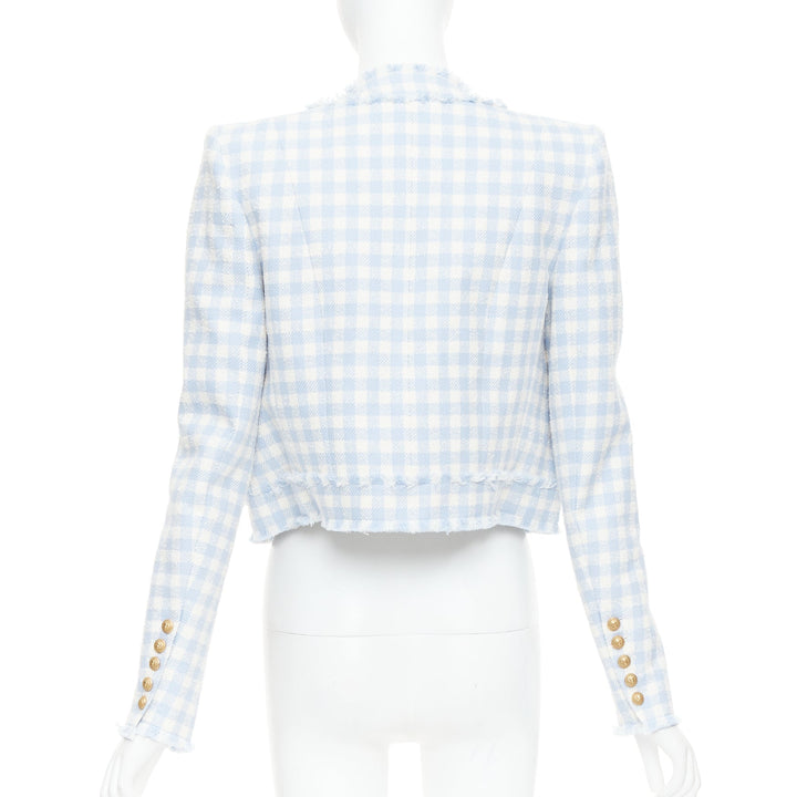 BALMAIN light blue white plaid tweed trim 4 pocket cropped jacket FR34 XS