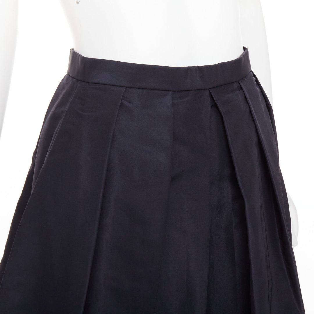 TIBI navy 100% silk satin crepe box pleated flared tea length midi skirt US0 XS