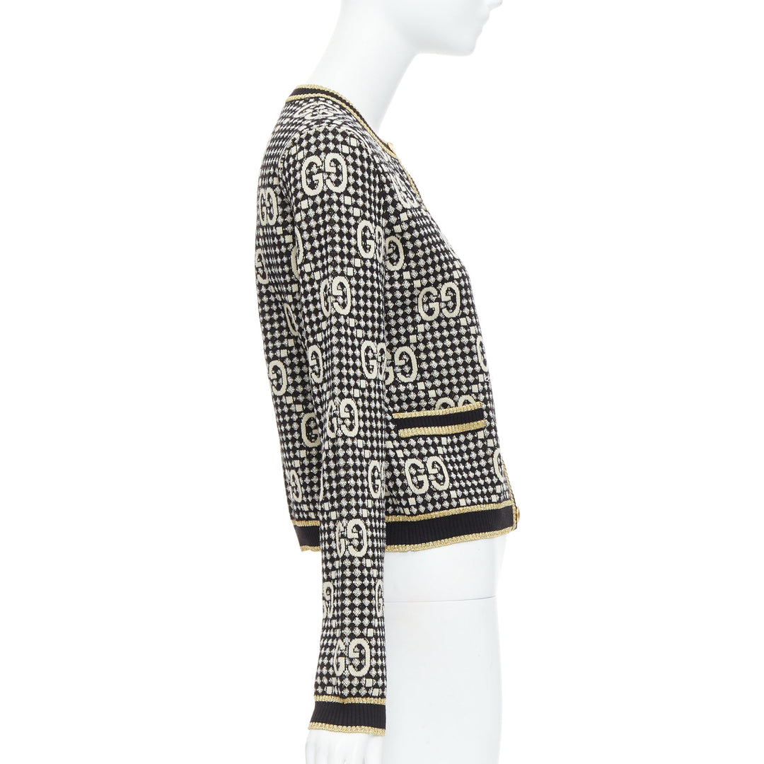 GUCCI gold lurex wool blend monogram jacquard preppy cardigan S