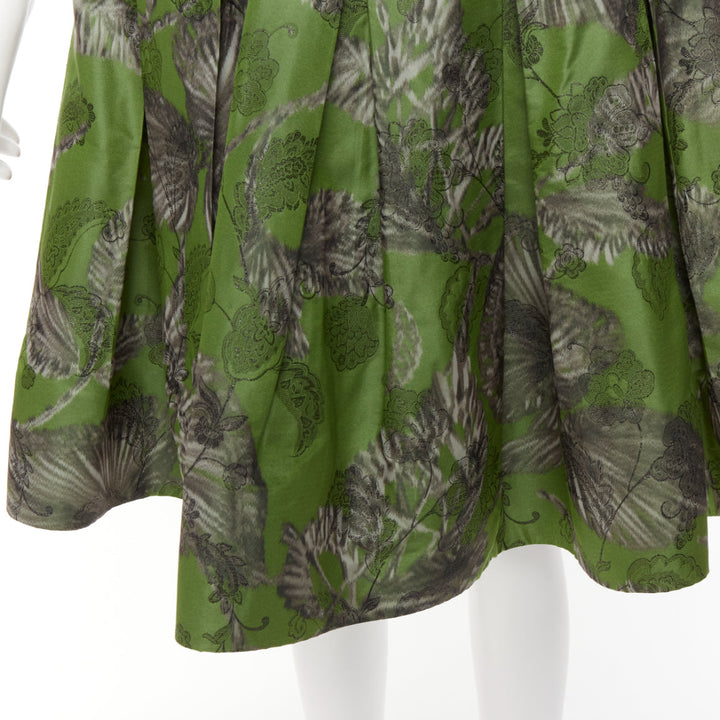 OSCAR DE LA RENTA 2018 green lurex floral brocade fitted flared midi skirt US2 S