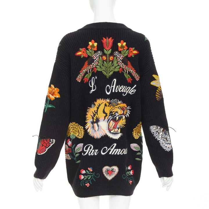 GUCCI Michele L'avengle Par Amour black wool embroidery patch pearl cardigan S