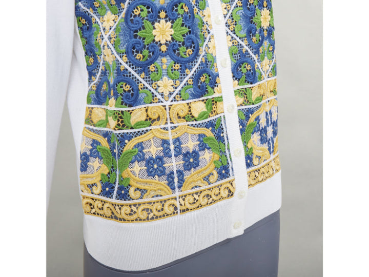 DOLCE GABBANA Majolica print embroidery anglais lace cream cardigan IT40 S