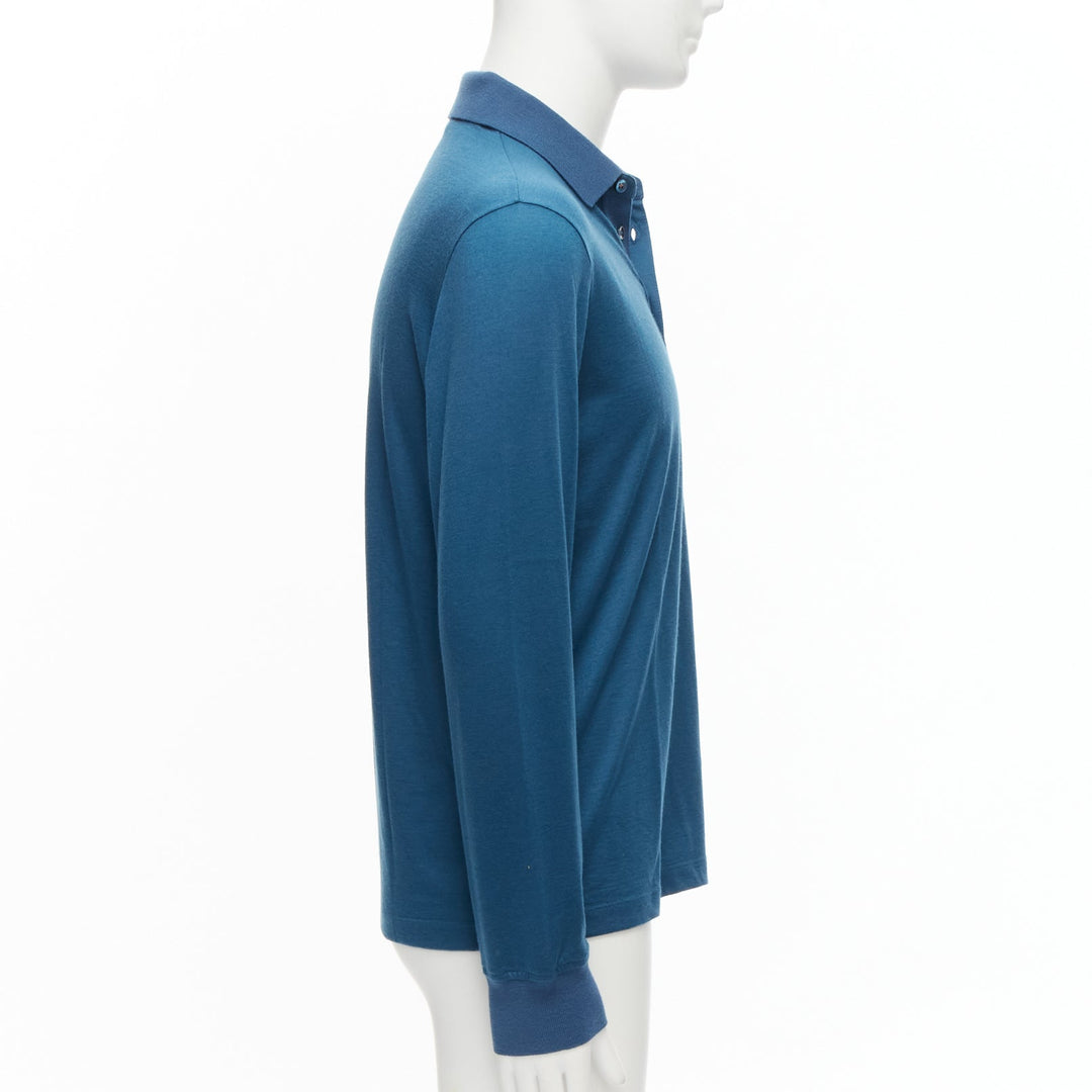 LORO PIANA teal blue 100% cashmere stitch button detail long sleeve polo shirt M