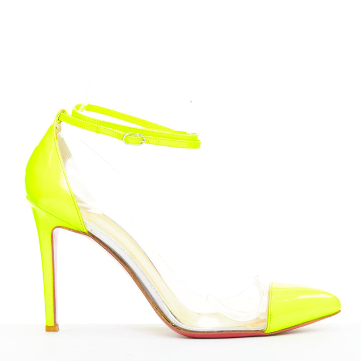 CHRISTIAN LOUBOUTIN Un Bout 100 Fluo Chic yellow patent PVC pointy pumps EU37