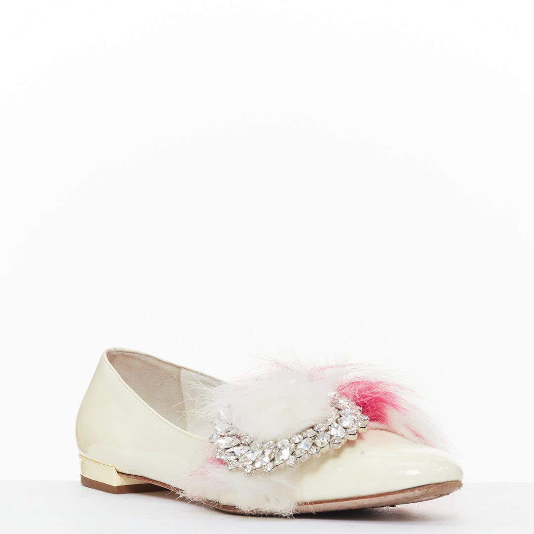 MIU MIU 2017 cream patent white pink faux fur buckle flats EU37.5