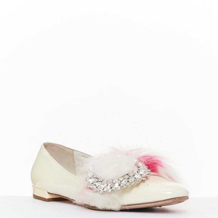 MIU MIU 2017 cream patent white pink faux fur buckle flats EU37.5