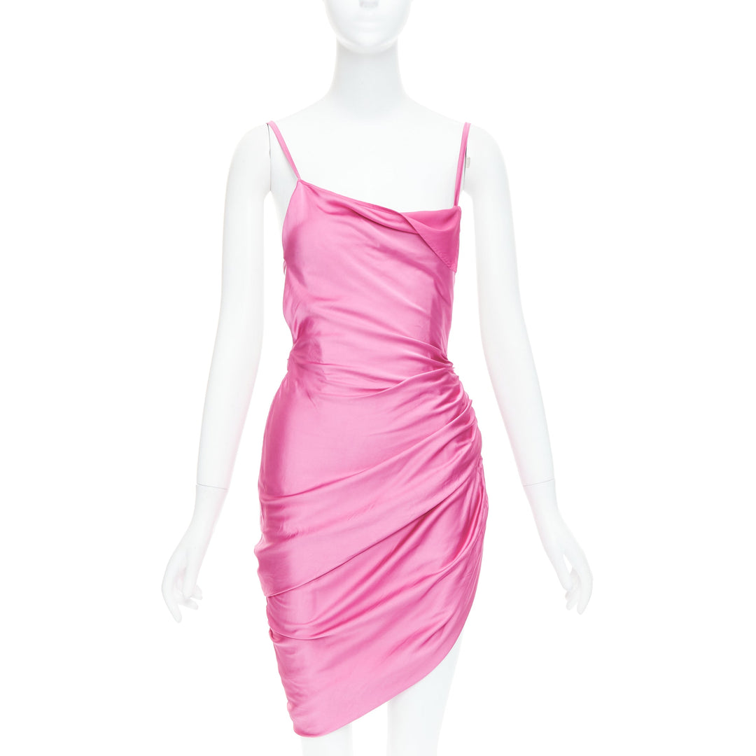 JACQUEMUS Le Splash Saudade pink satin ruched asymmetric strappy dress FR34 XS