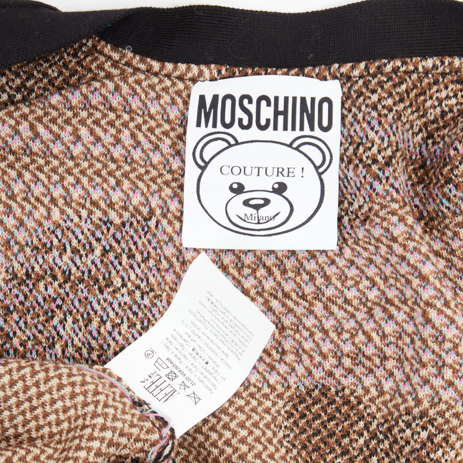 MOSCHINO Leopard Teddy black brown virgin wool knit long cardigan IT38 XS