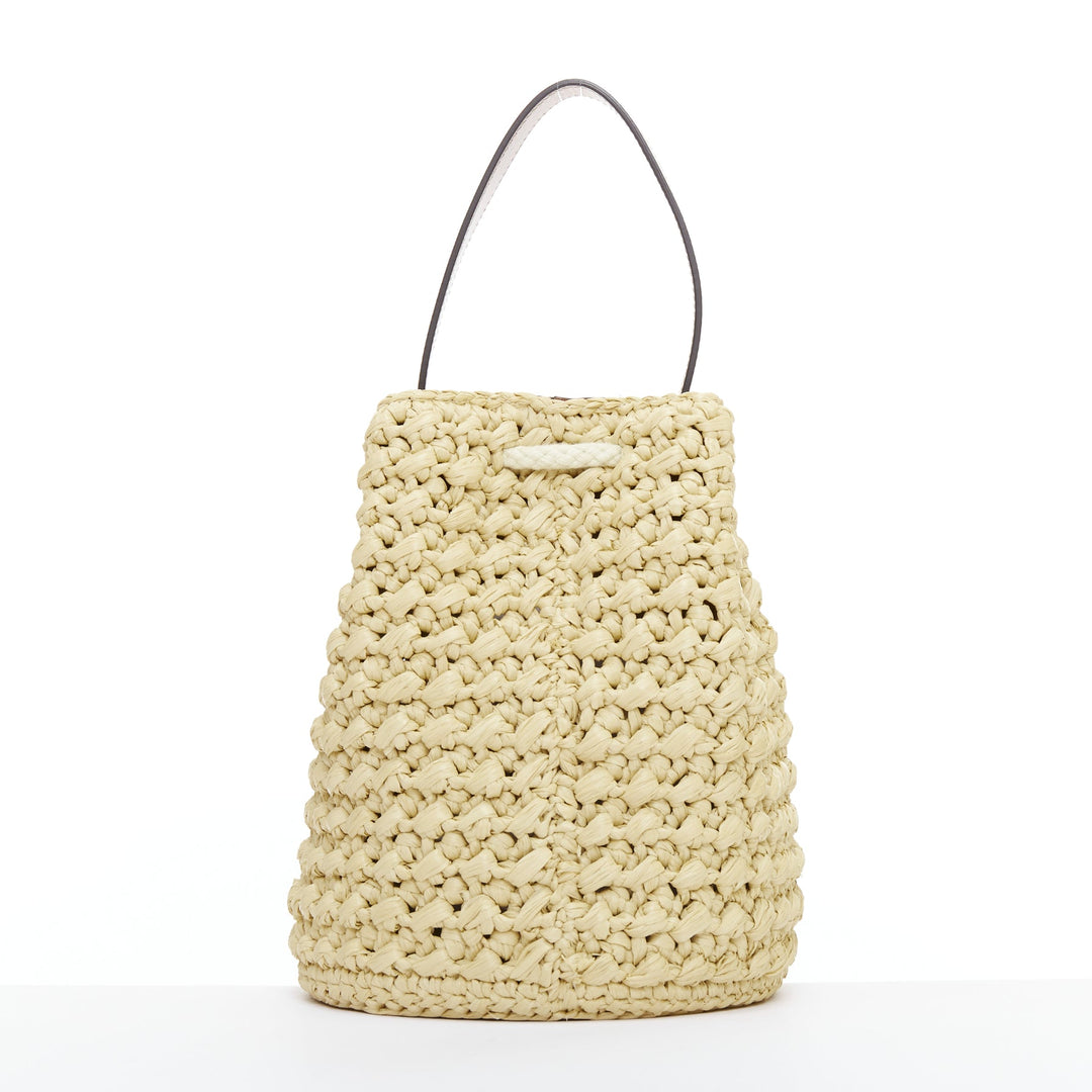 CELINE Teen Triomphe brown leather logo beige raffia drawstring bucket bag