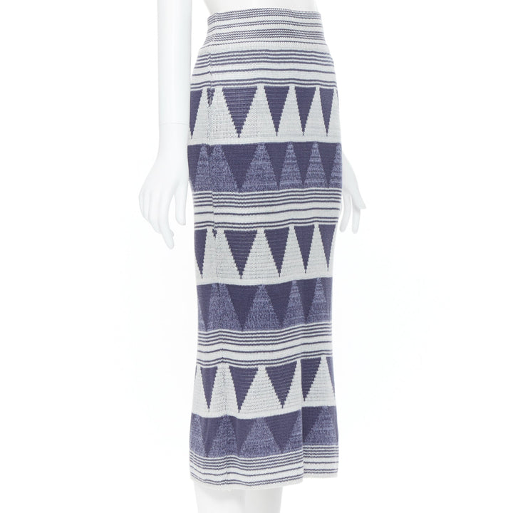 ISSEY MIYAKE 1980's Vintage blue grey ethnic geometric cotton knit midi skirt M
