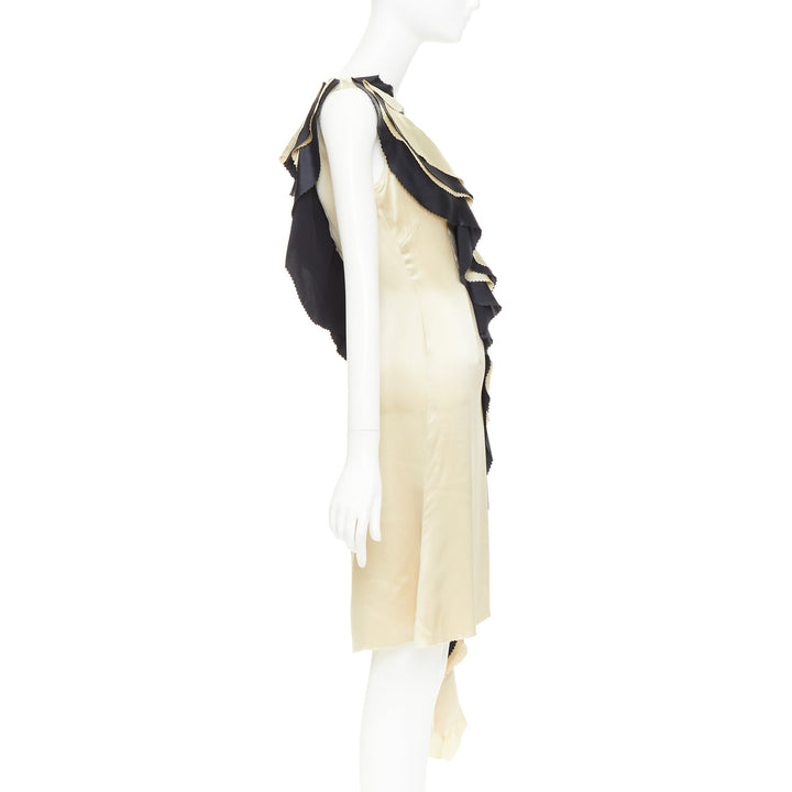 RODARTE 100%  silk champagne black cascade ruffle bias cut cocktail dress US2 S
