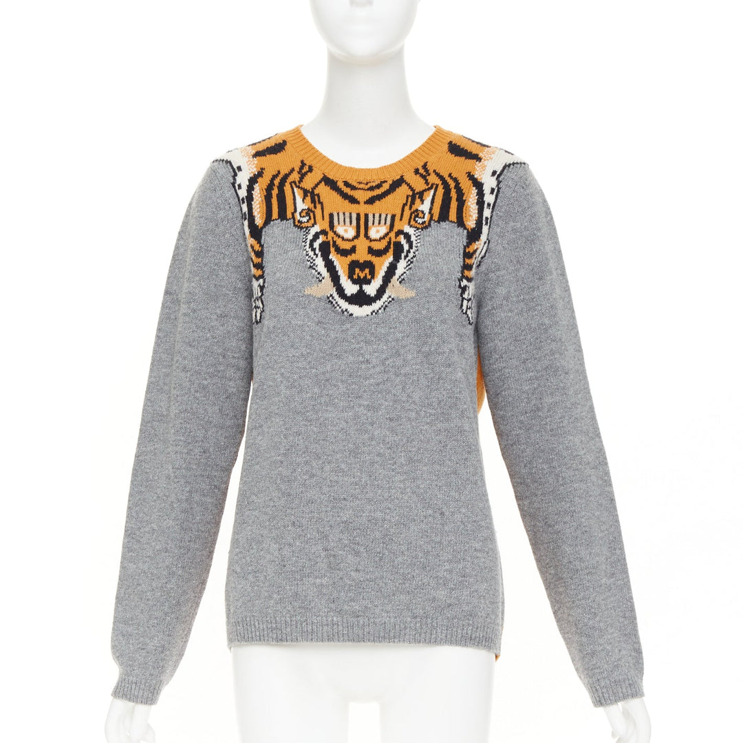 GUCCI 2016  100% wool Tiger intarsia grey animal knit pullover sweater M