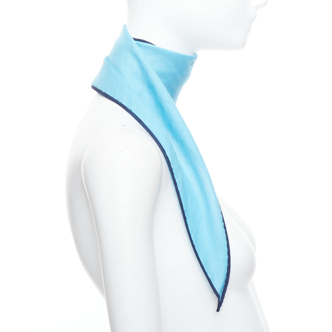 HERMES Losange sky blue cashmere silk navy edge logo print scarf