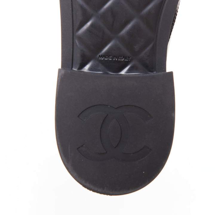 CHANEL 21B black white nylon patent leather trim CC brogue creepers EU38