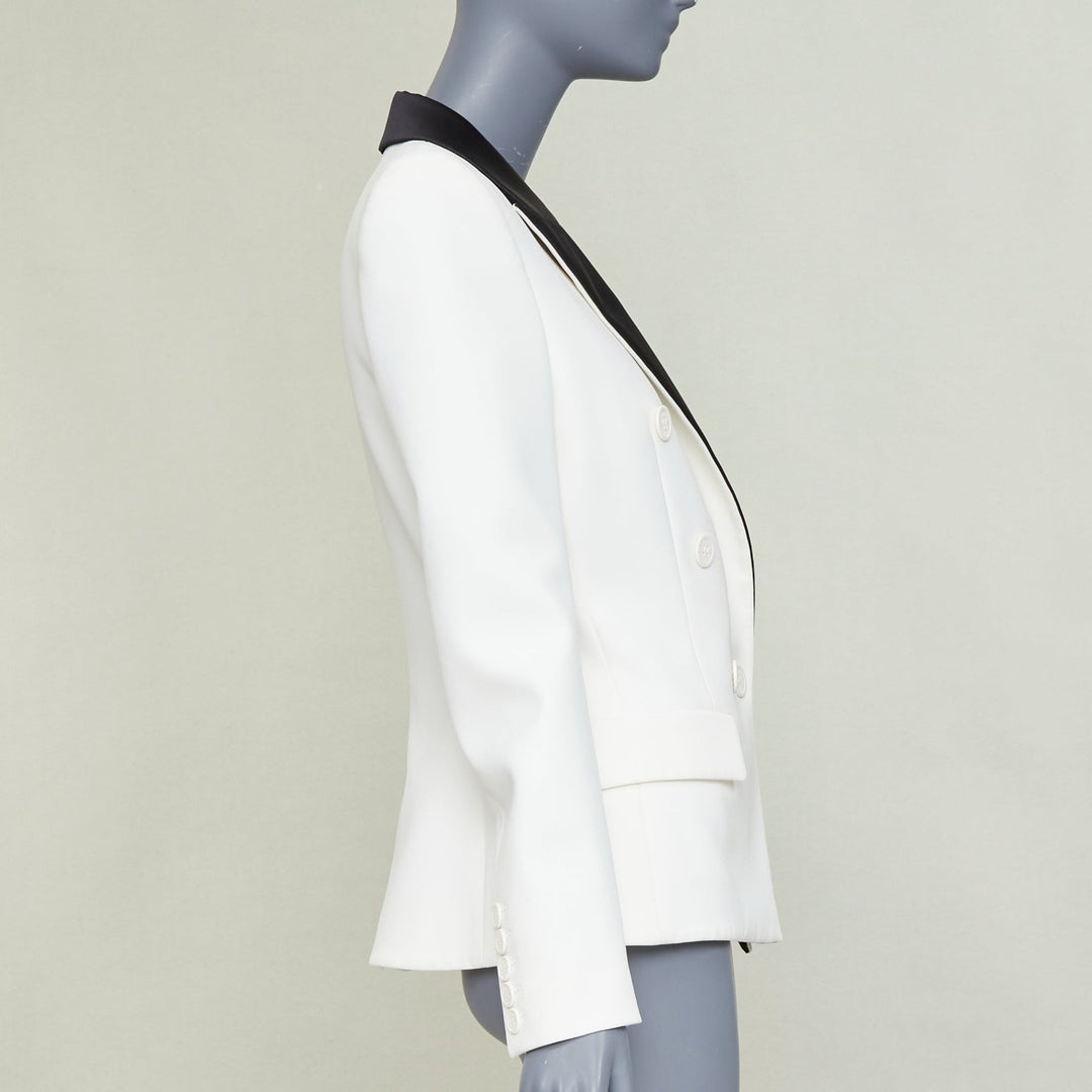 ALEXANDRE VAUTHIER off white black satin lapel double breasted tuxedo jacket