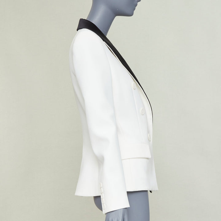 ALEXANDRE VAUTHIER off white black satin lapel double breasted tuxedo jacket