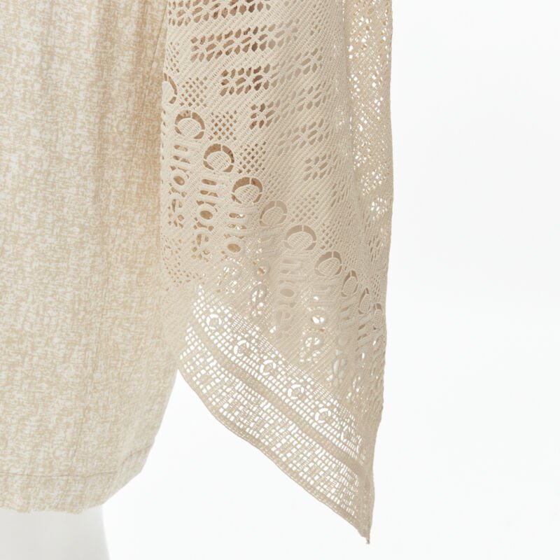 CHLOE 2019 Sandy Khaki speckle bohemian crochet sleeves layered dress FR40 M