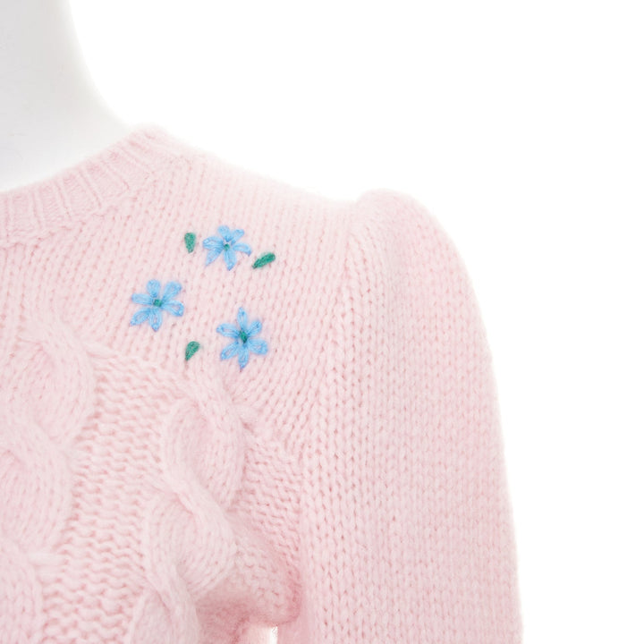 ALESSANDRA RICH pink alpaca blue floral embroidered cable knit sweater IT38 XS
