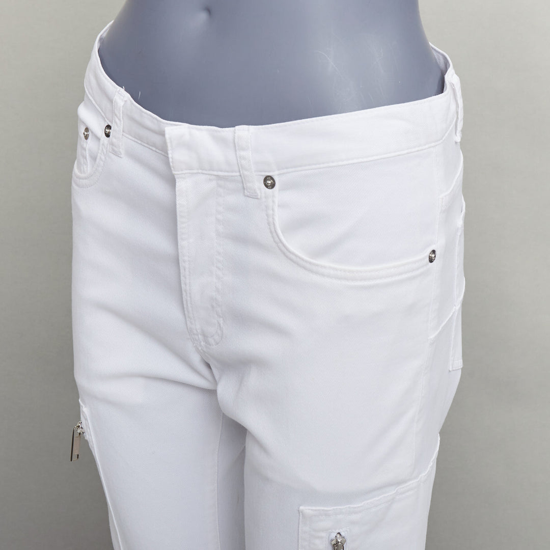 DIOR HOMME white cotton blend silver zip cargo pockets straight jeans 29"