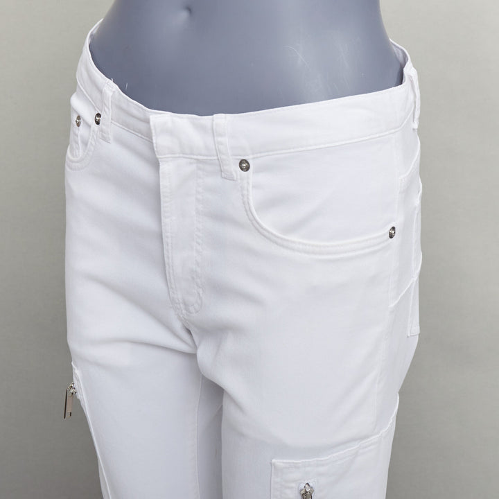DIOR HOMME white cotton blend silver zip cargo pockets straight jeans 29"