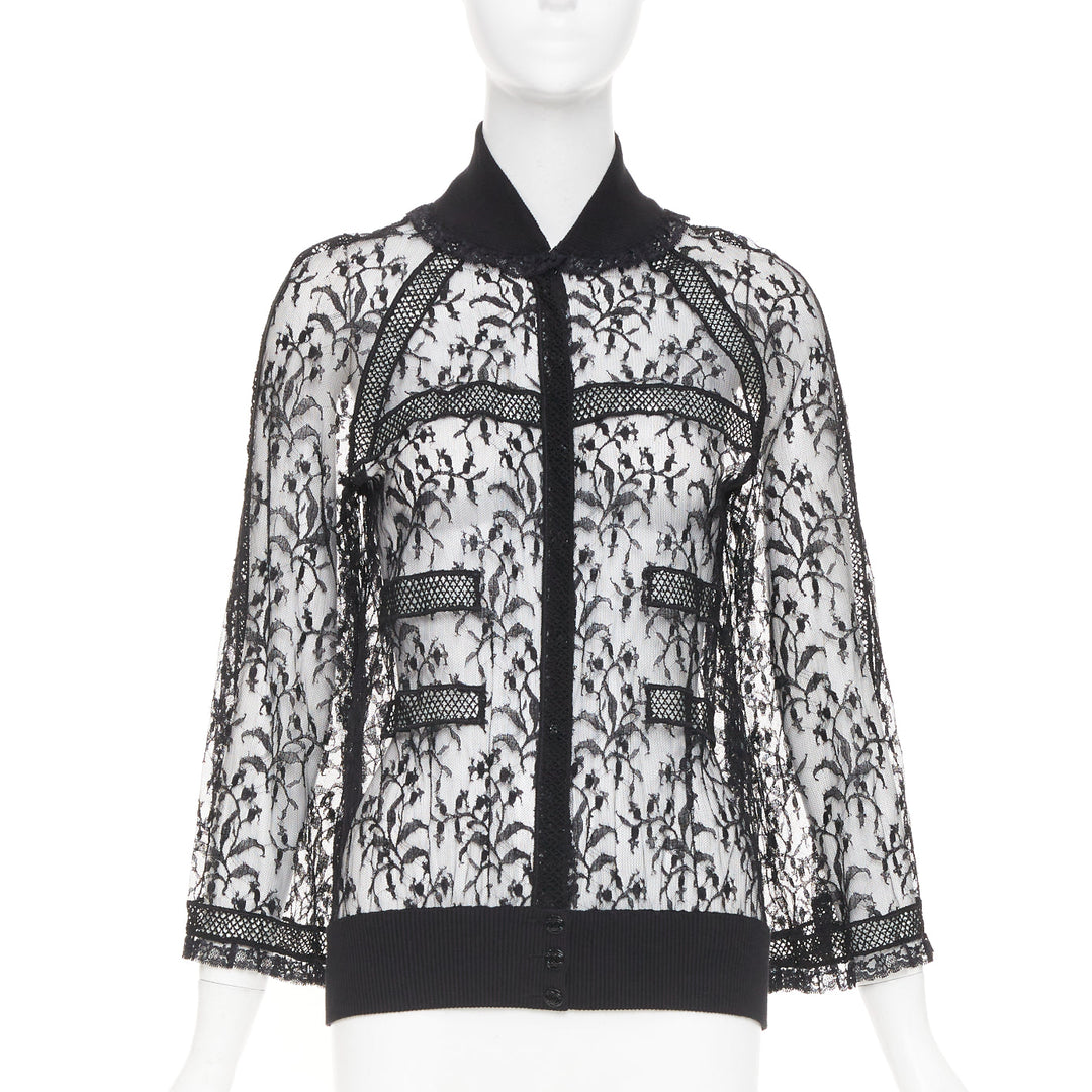rare CHANEL 07C Vintage sheer floral lace cardigan button up blouse top FR34 XS