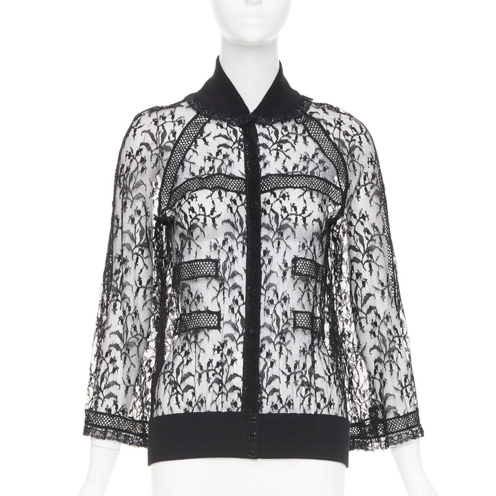 rare CHANEL 07C Vintage sheer floral lace cardigan button up blouse top FR34 XS