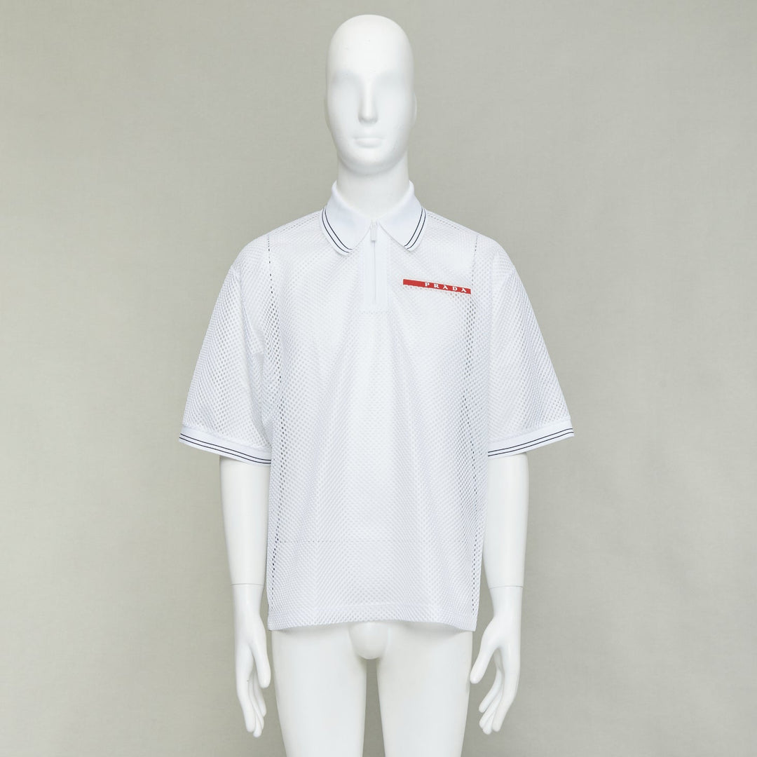 PRADA 2020 white sport mesh red logo half zip boxy polo shirt L