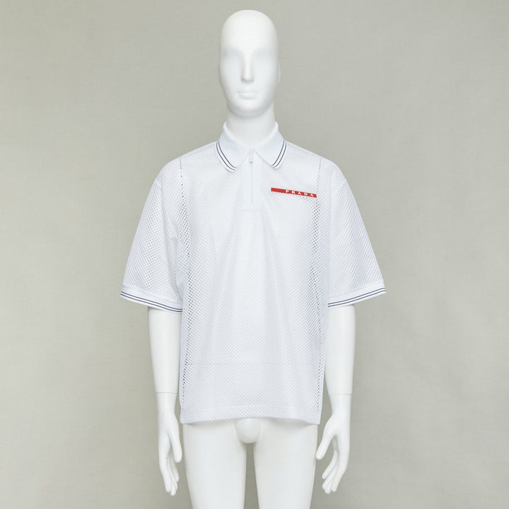 PRADA 2020 white sport mesh red logo half zip boxy polo shirt L