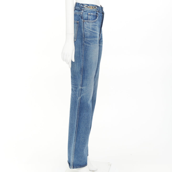 CELINE W_FL_003 N286 930F 07UW denim gold horsebit logo buckles flare jeans 26"