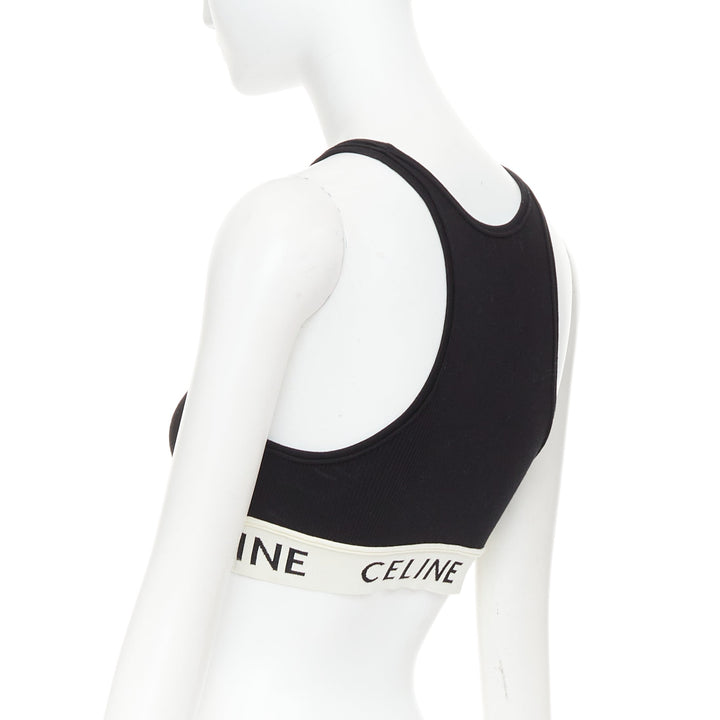 CELINE black cotton blend cream ribbed logo round neck bra top S Lisa Blackpink