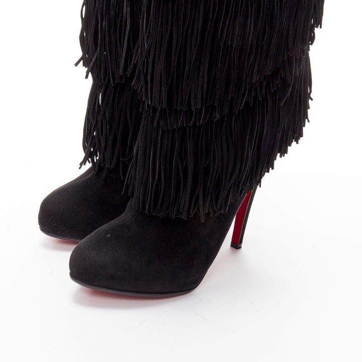 CHRISTIAN LOUBOUTIN Forever Tina 130 black suede fringe platform boots EU37.5