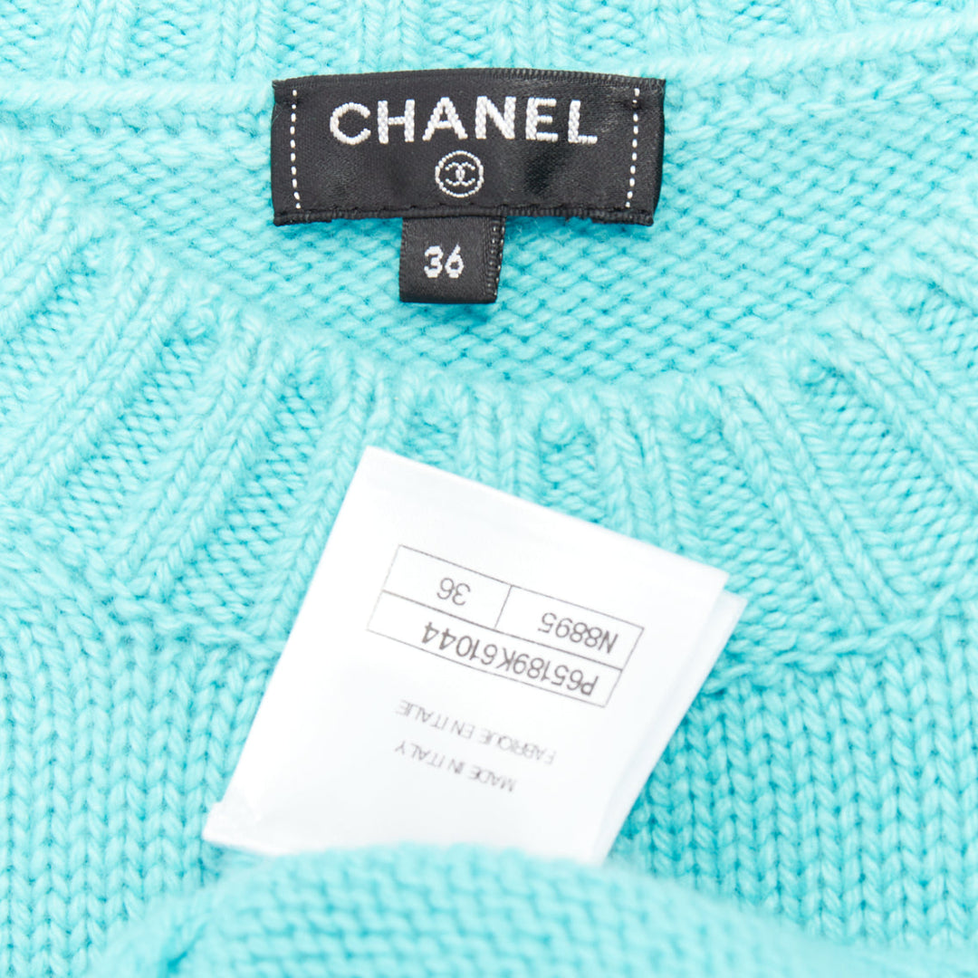 CHANEL 2020 100% cashmere cyan blue CC cursive logo cropped sweater¬† FR36 S