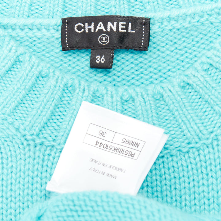CHANEL 2020 100% cashmere cyan blue CC cursive logo cropped sweater¬† FR36 S