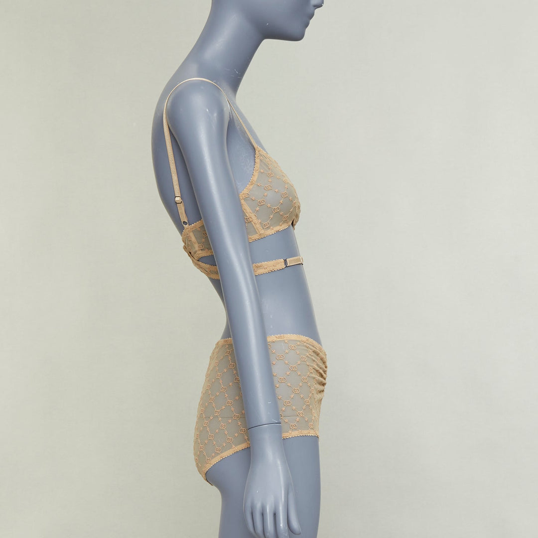 GUCCI Alessandro Michele GG Star nude monogram embroidered tulle lingerie set S