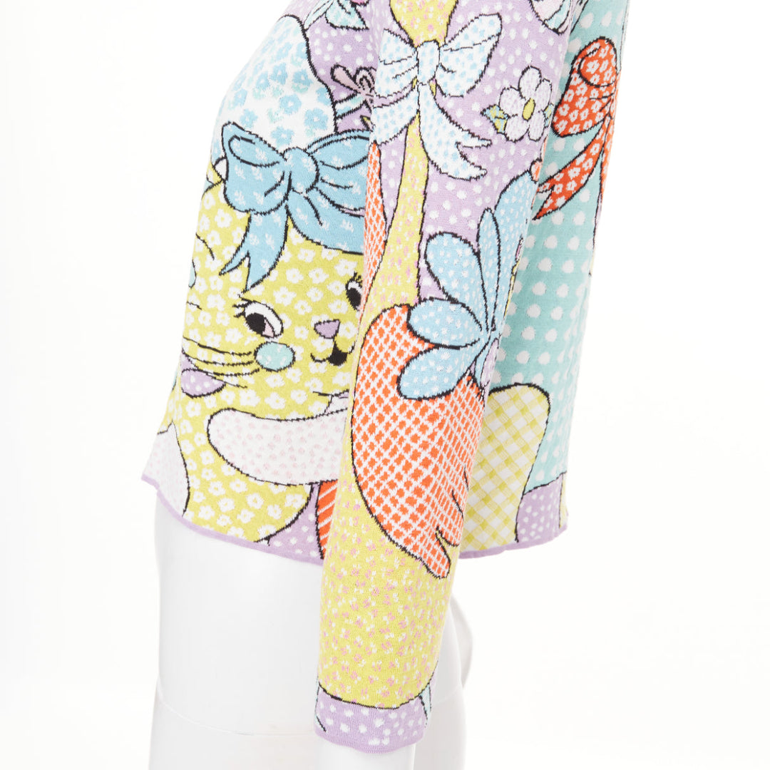 MOSCHINO 2022 Runway Calico Animals lilac blue pink cartoon knit cardigan IT36