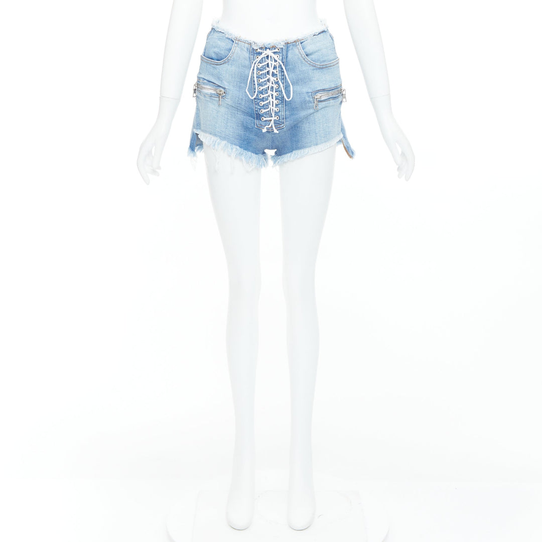 UNRAVEL PROJECT blue washed denim white laced front cut off shorts 25"