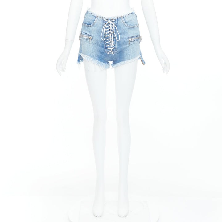 UNRAVEL PROJECT blue washed denim white laced front cut off shorts 25"