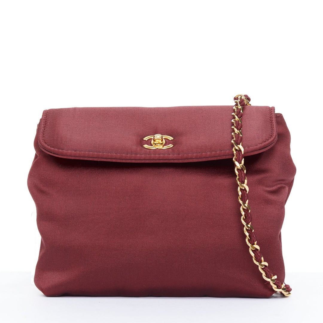 CHANEL 1990 Vintage burgundy satin envelope CC turnlock chain shoulder bag