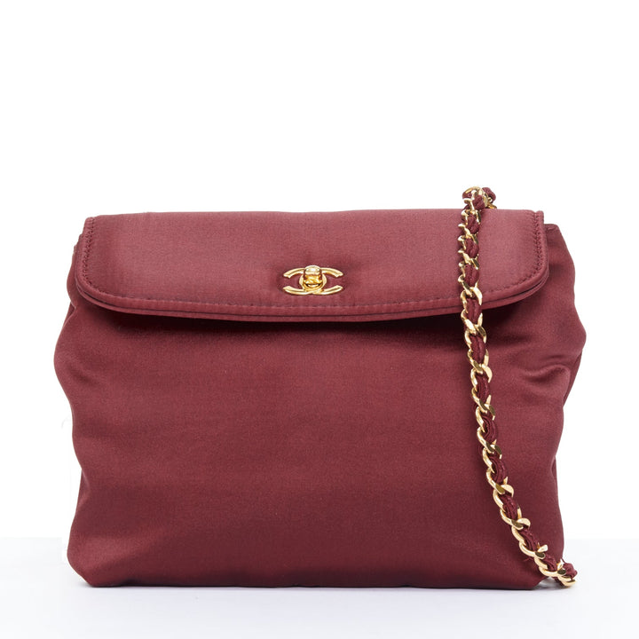 CHANEL 1990 Vintage burgundy satin envelope CC turnlock chain shoulder bag
