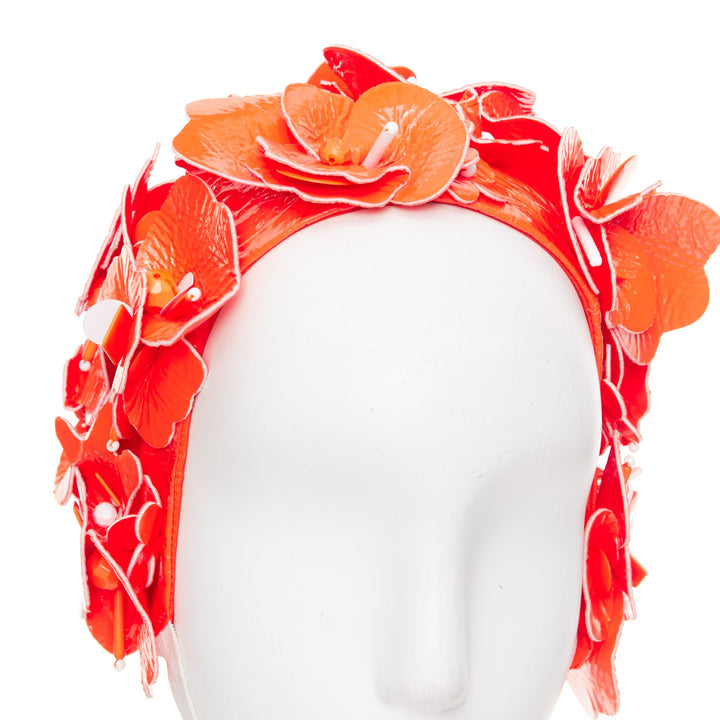 MIU MIU 2017 Runway orange patent leather petals beaded retro swim cap hat S