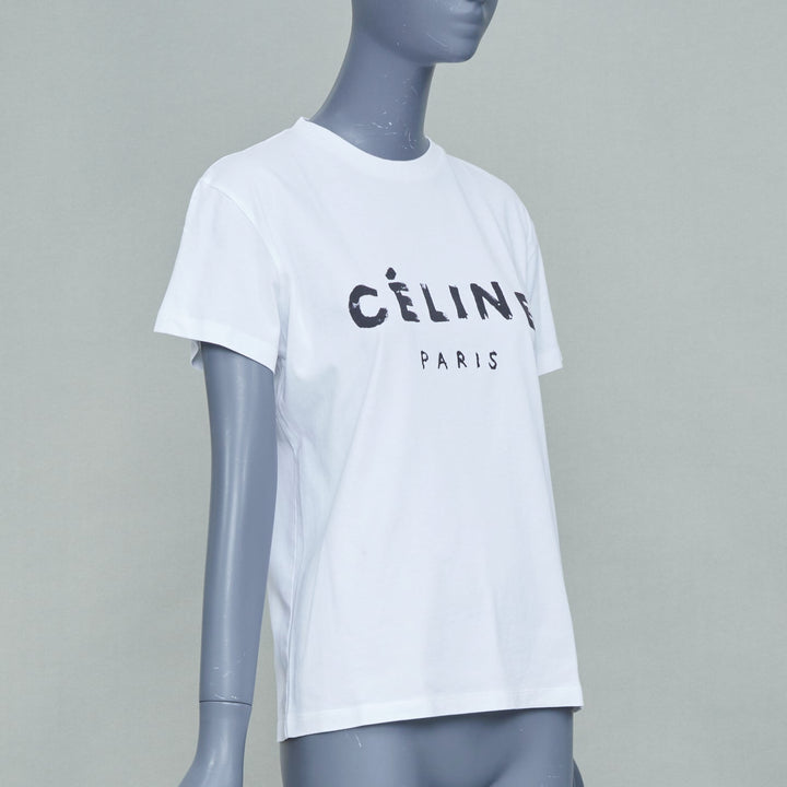 CELINE Phoebe Philo white printed painterly logo short sleeve cotton tshirt XS