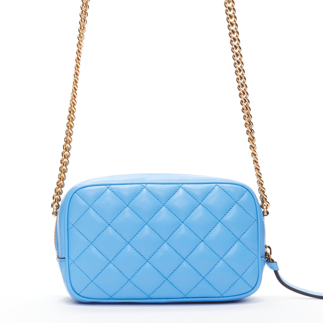 VERSACE blue lambskin leather quilted gold Medusa chain crossbody bag Small