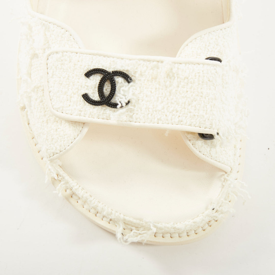CHANEL 2021 frayed white tweed CC hook and loop open toe dad sandals EU37.5C