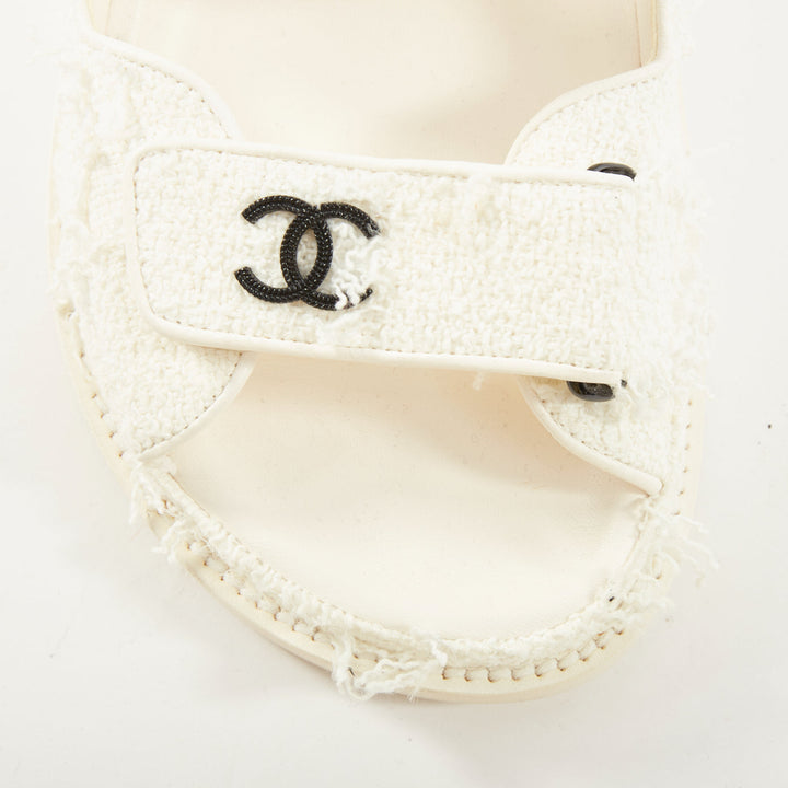 CHANEL 2021 frayed white tweed CC hook and loop open toe dad sandals EU37.5C
