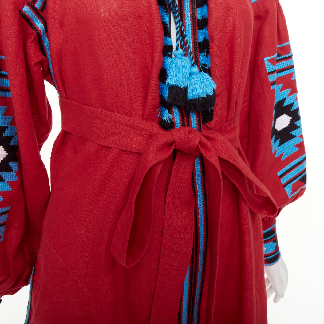 VITA KIN red linen blue folk ethnic embroidery boho peasant kaftan dress S/D