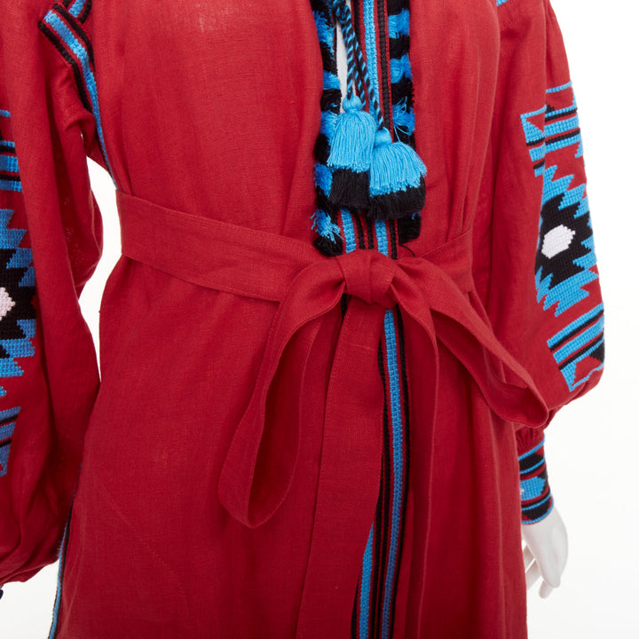 VITA KIN red linen blue folk ethnic embroidery boho peasant kaftan dress S/D