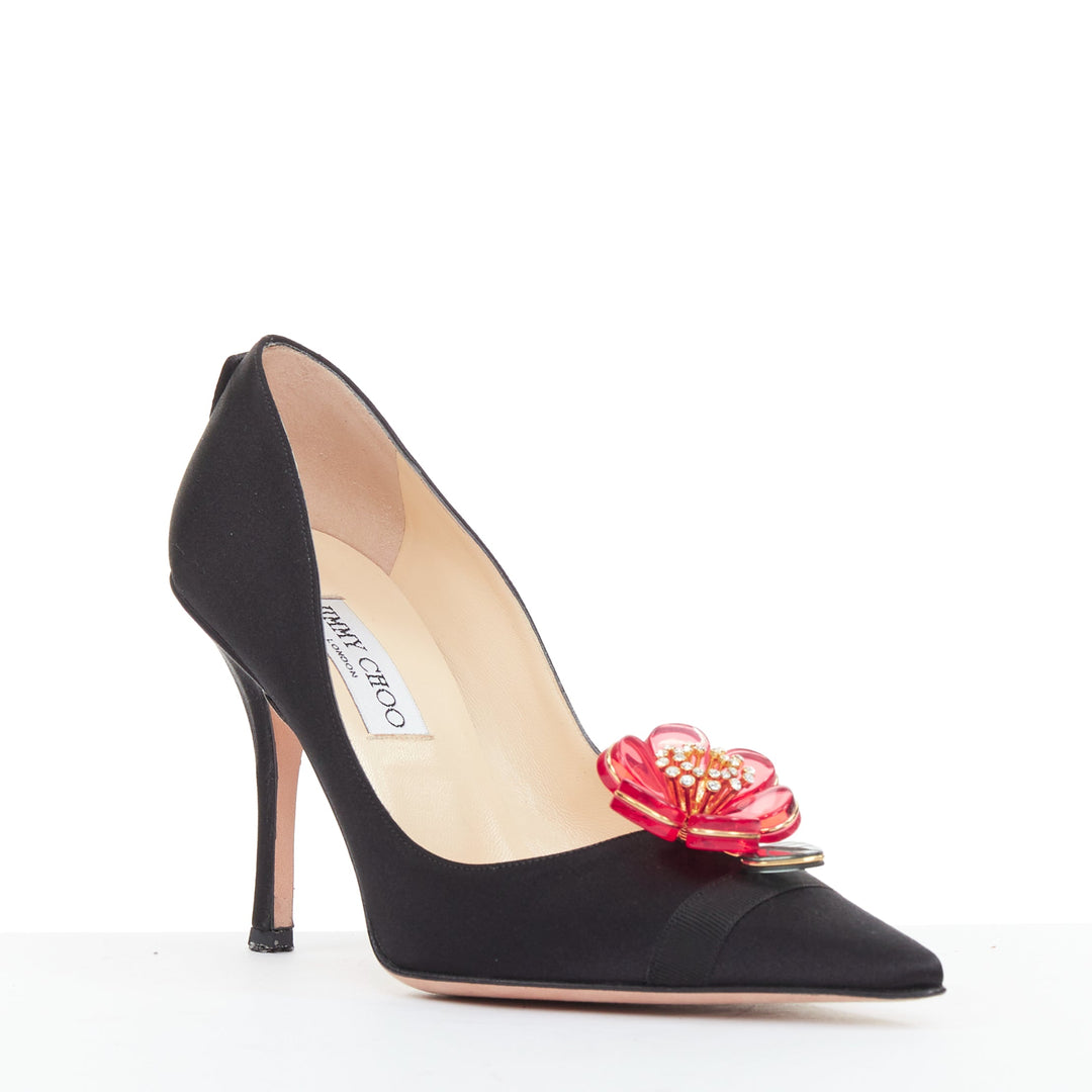 JIMMY CHOO Entice black satin grosgrain red acyrlic flower brooch pumps EU37
