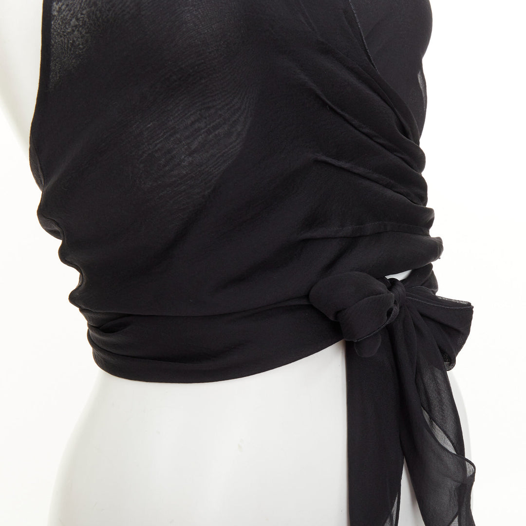 EMPORIO ARMANI black sheer silk chiffon halter wrap self tie top IT38 XS